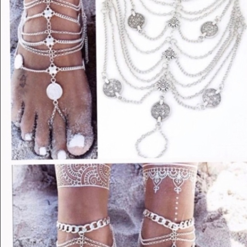 Bohemian Layered SILVER Metal Tassel foot jewelry